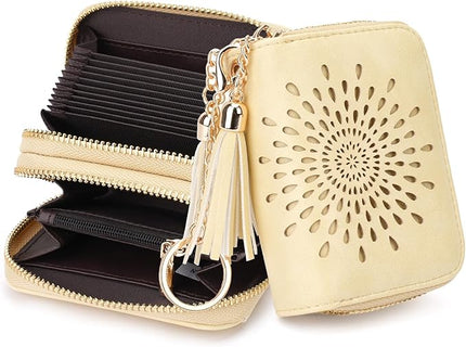 APHISON RFID Credit Card Holder Zipper Card Case Keychain Small Wallet for Women Double-Zip LIGHT-YELLOW