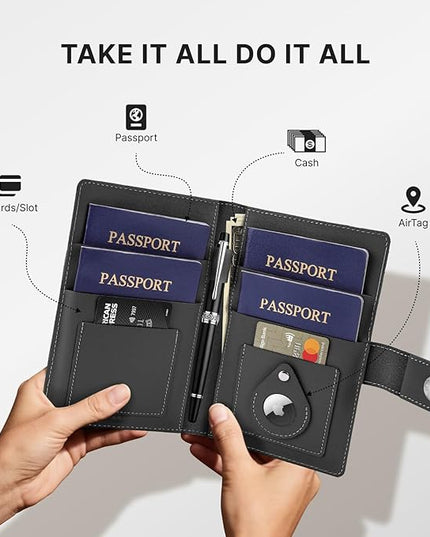 ALLIVE Passport Holder for Travel Family, Genuine Leather Passport Wallet with AirTag Slot, RFID Blocking Travel Document Organizer for Women & Men, Airport Essentials, Family Travel Gift (Black)