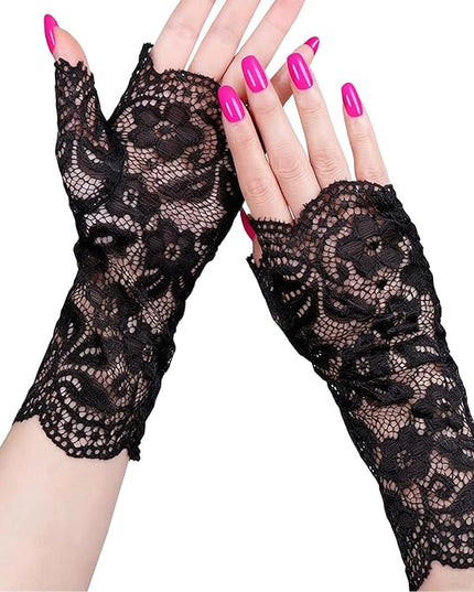 Women Fingerless Lace Gloves, Short Bridal Wrist Floral Lace Mittens Women Gloves for Wedding Opera Tea Party Cocktail Prom Cosplay Costume Accessories