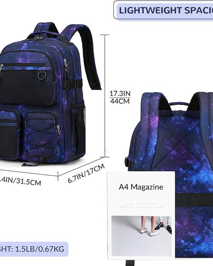 Lohol Multi-Pocket Backpack for Travel College, Heavy Duty Big Bookbag with 15.6 inch Laptop Compartment (Black Purple Galaxy