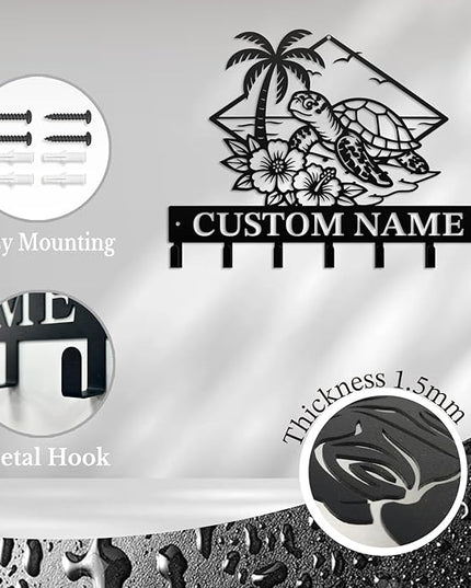 Casebrick Custom Sea Turtle Metal Wall Hooks,Key Holder-Personalized Iron Wall Decor for Keys, Coats & Home Organization (Black, Handmade,Decorative for Entryway, Beach,Bedroom,Office) (Style L)