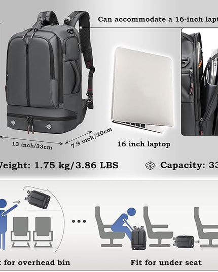 Somago 16 Inch Laptop Backpack Water Resistant Carry On Daypack Backpack Anti Theft Travel Rucksack Backpack with Shoe Compartment Shoulder Strap for Men Women, 33L (Grey)