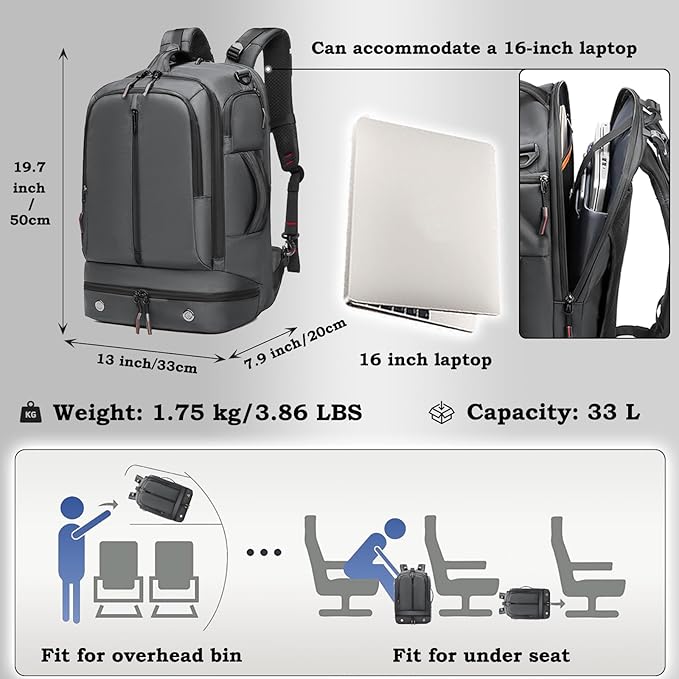 Somago 16 Inch Laptop Backpack Water Resistant Carry On Daypack Backpack Anti Theft Travel Rucksack Backpack with Shoe Compartment Shoulder Strap for Men Women, 33L (Grey)