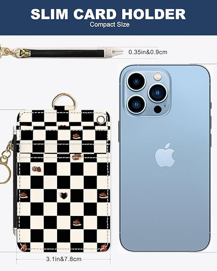Slim Wallet Credit Card Holder, Checkered Pattern And Cake, RFID Wallet Women Cute Small Front Pocket Wallet With Zipper, PU Leather Thin travel RFID Blocking Card Case ID Window ,Ladies Gifts