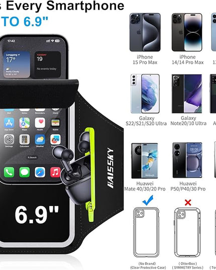 Cell Phone Running Armband with Zipper Pocket Armband Case Running Holder for iPhone 16 Pro Max/15/14 Pro Max/13/12 /11 Pro Max/XS/XR,Galaxy S20 S10,Sweatproof Arm Band with Card/Key Bag