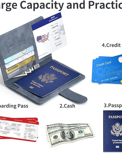 Passport Holder, Passport Cover with Credit Card Slot and Boarding Pass Slot Combo, Passport Wallet Case Book Travel Must Have, RFID Blocking Leather Travel Accessories, Navy Grey
