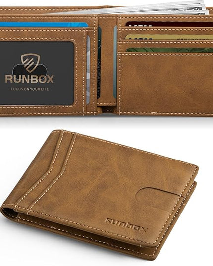 RUNBOX Wallet for Men Slim Leather Bifold RFID Blocking Minimalist Front Pocket Design with Gift Box