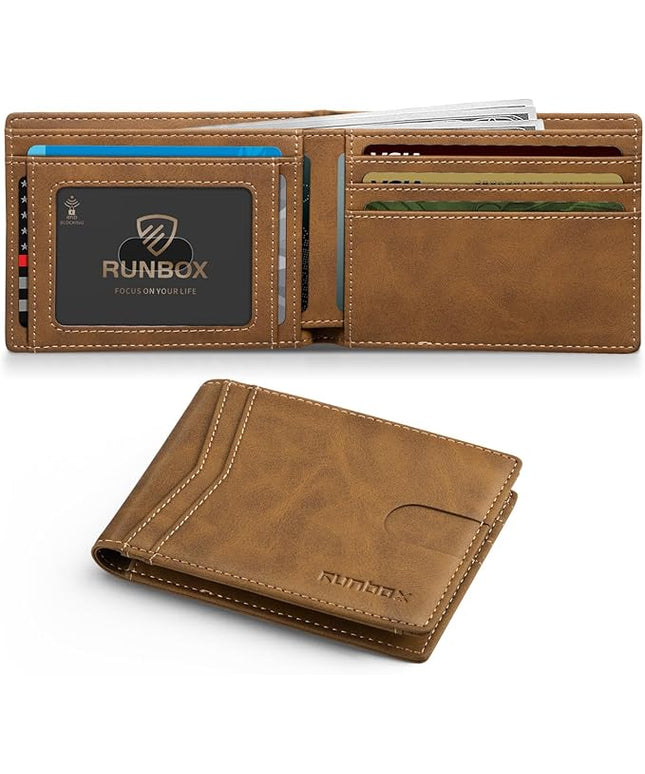 RUNBOX Wallet for Men Slim Leather Bifold RFID Blocking Minimalist Front Pocket Design with Gift Box