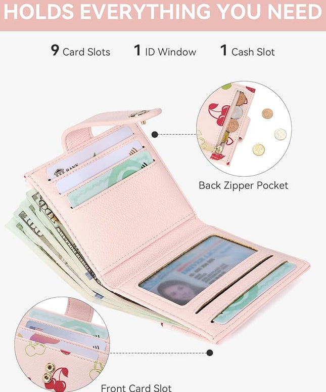 BOSTANTEN Slim Wallet for Women Small RFID Blocking Credit Card Holder Leather Bifold Wallets with Zipper Coin Pocket Cherry Print