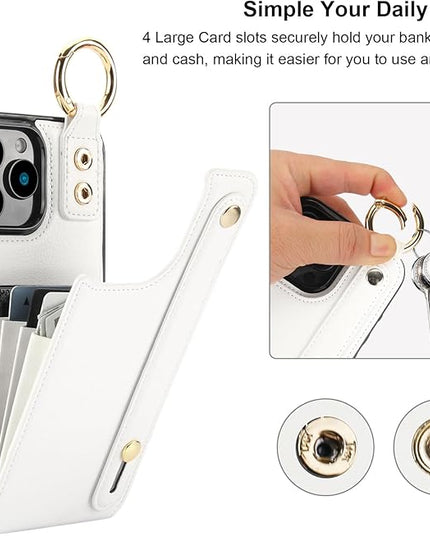 Folosu for iPhone 16 Pro Max Wallet Case with Card Holder, Hand Wrist Strap Loop Holder Kickstand, RFID Blocking Finger Grip Ring PU Leather Double Buttons Shockproof Cover 6.9" White