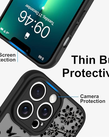 Cute Case for iPhone 13 Pro Max Case with Stand [ Compatible with MagSafe ] Kawaii Black Cat & Floral & Butterflies Pattern Design 360 Magnetic Ring Kickstand Phone Cover for Women Girls Boys