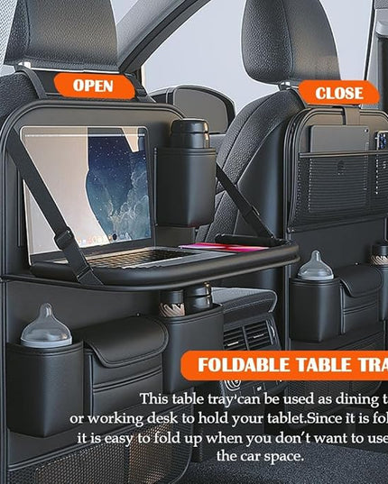 2 Pack Leather Car Backseat Organizer with Foldable Table Tray, Car Storage Organizer with Tablet Holder, Car Seat Back Protectors Kick MatsTravel Accessories