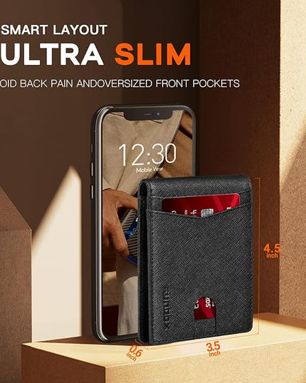 RUNBOX Wallet for Men Slim Leather Bifold RFID Blocking Minimalist Front Pocket Design with Gift Box