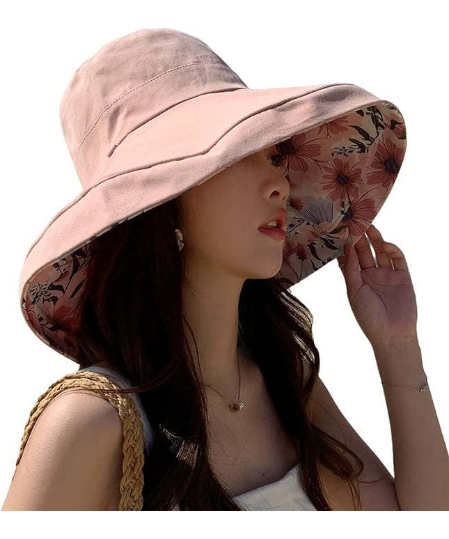 HUAMULAN Women Summer Sun Hat Wide Brim Wired Edge Floral Beach Bucket Hats Reversible Foldable Travel UV Protection Lady Hat