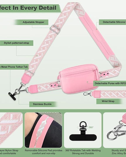 Clip and Go Strap for Phone with Wallet Crossbody, Adjustable Phone Lanyard with Detachable RFID Wristlet Wallet, Pattern Strap, Pink(M)