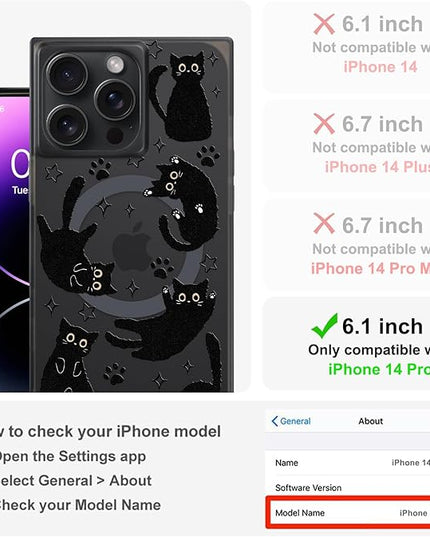 Cute Case for iPhone 14 Pro Case for Women Girls Boys [Compatible with Magsafe] Kawaii Black Cats Cat Pattern Design, Aesthetic Girly Animal Rectangle Magnetic Protective Phone Cover