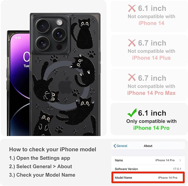 Cute Case for iPhone 14 Pro Case for Women Girls Boys [Compatible with Magsafe] Kawaii Black Cats Cat Pattern Design, Aesthetic Girly Animal Rectangle Magnetic Protective Phone Cover