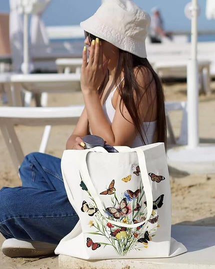 Aesthetic Canvas Tote Bag with Zipper Pockets & Snaps for Women,Reusable Shopping Grocery Bags Gifts -Work, Gym
