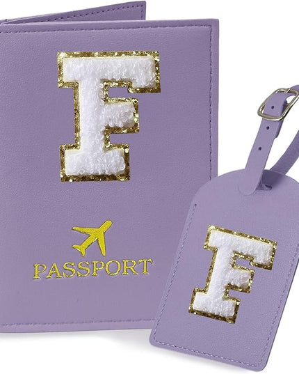 COSHAYSOO Purple Passport Cover and Luggage Tag Set TSA Approved with Her Initial Chenille Letter Patch, Monogrammed Travel Bag Backpack Suitcase Identifier Gifts for Mom Women Teacher (F)