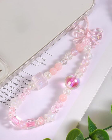 Draupnir 4pcs Phone Charms Strap, Butterfly Bow Camera Strap Wrist Beaded Phone Bracelet Wrist Straps, Pearl Bracelet Lanyard Keychain Charm for Women