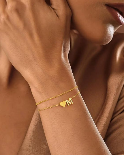 M MOOHAM Valentines Day Gifts for Kids Teen Girls -14K-Gold-Plated Heart Initial A-Z Bracelets for Women Girl Dainty Gold Bracelets Birthday Valentines Gifts for Women Her Teenage Girls Kid Teen Gift