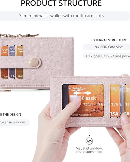POIUGOYA Slim Wallet for Women,RFID Blocking Bifold Credit Card Holder with Zipper Coin Pocket,ID Window,Keychain