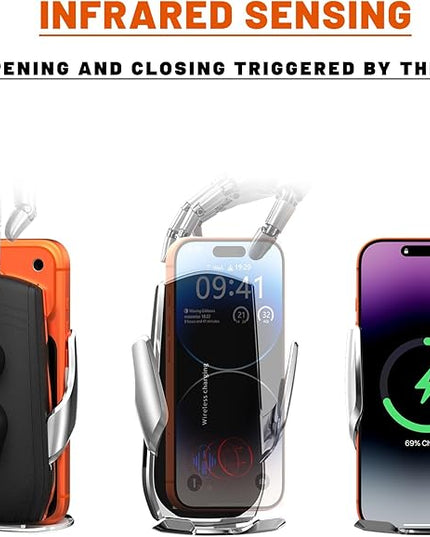 15W Fast Wireless Car Charger, Auto-Clamping Silver Car Phone Holder with Strong Suction Cup,360°Adjustable Dashboard/Windshield Mount for iPhone17-11&Samsung S Series Essential Car Accessories