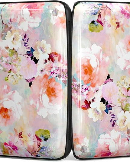 Atufsuat Credit Card Holder, Mini Aluminum Card Wallet RFID Blocking Slim Metal Hard Card Case for Women Men, Pink Flowers