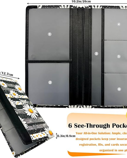 Car Registration and Insurance Holder with Magnetic Closure, Universal Document Organizer for License, Insurance Cards & Glove Box Storage (Daisy)