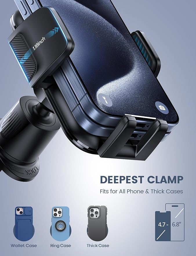 Lamicall 2026 Wider Clamp & Metal Hook Car Phone Holder Vent [Thick Cases Friendly] Phone Holders for Your Car Mount Automobile Hands Free Cradle Air Vent for iPhone 17 16 15 Pro Max Lucite Black