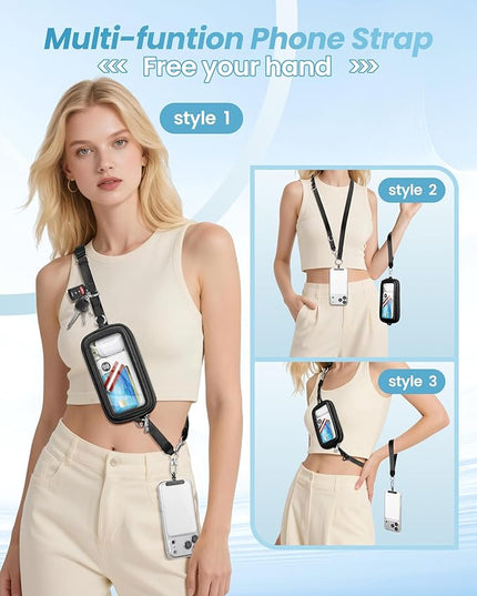 Clip and Go Strap for Phone with Wallet Crossbody, Adjustable Neck Lanyard, Detachable Wristlet Wallet with Zipper Phone Screen ID Window, 2x Tether Tabs Compatibe for iPhone & Most Cellphones Black