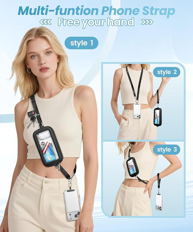 Clip and Go Strap for Phone with Wallet Crossbody, Adjustable Neck Lanyard, Detachable Wristlet Wallet with Zipper Phone Screen ID Window, 2x Tether Tabs Compatibe for iPhone & Most Cellphones Black