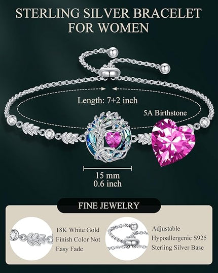 TOUPOP Tree of Life Birthstone Bracelet 925 Sterling Silver Family Tree Austrian Crystal Jewelry Anniversary Birthday Christmas Gifts for Women Wife Girlfriend Her