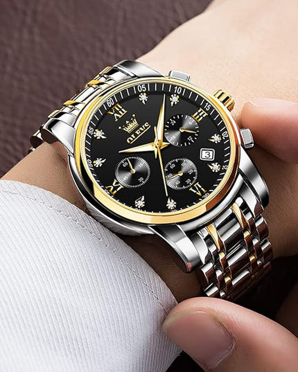 OLEVS Men's Luxury Watch Waterproof Luminous Easy Read Chronograph Watches Full Gold/White Dail/Black Face with Calendar Wristwatch