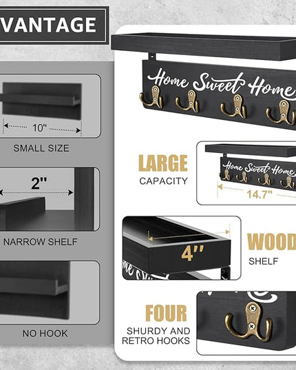 buways Key Holder for Wall Decorative, Rustic Wooden Key Hanger for Wall with 4 Double Key Hooks, Farmhouse Key Holder Rack and Mail Organizer for Home Entryway Decor(Black)