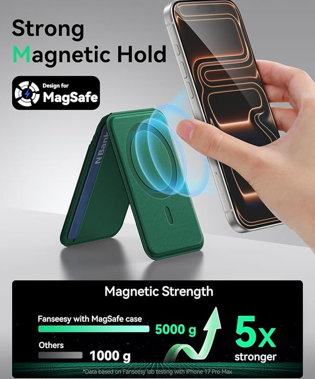 Fanseesy for MagSafe Wallet with Stand, 5 Card Holder, Slim Leather Magnetic Wallet for iPhone 17/16/15/14/13/12 Pro Max Plus Air Series, 3 Card Slots & 1 Cash Slot,Green