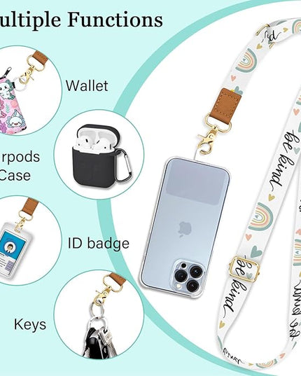 Phone Lanyard Crossbody Wrist Strap, Be Kind Cell Phone Lanyards for Around the Neck Wristlet, Adjustable Rainbow Strap for Car Keys Keychain Wallet ID Badge