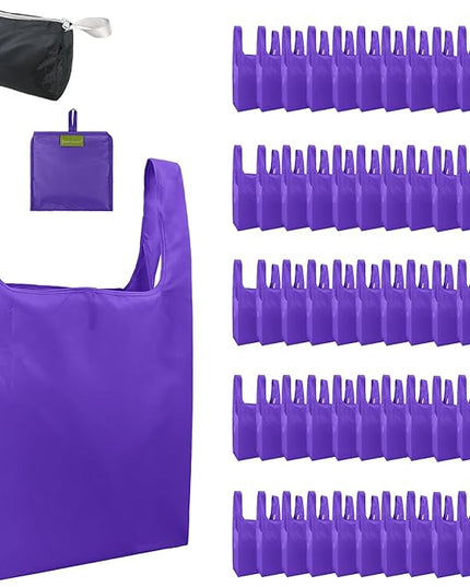 BeeGreen Purple Reusable Grocery Bags Wholesale Purple Reusable Kitchen Bags Bulk Foldable-Machine Washable with Zipper Storage Pouch 50 Packs