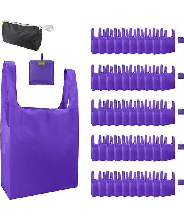 BeeGreen Purple Reusable Grocery Bags Wholesale Purple Reusable Kitchen Bags Bulk Foldable-Machine Washable with Zipper Storage Pouch 50 Packs