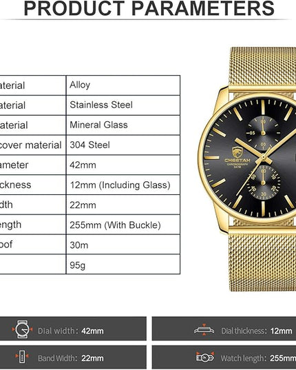 GOLDEN HOUR Mens Watch Fashion Sleek Minimalist Quartz Analog Mesh Stainless Steel Waterproof Chronograph Watches for Men with Auto Date