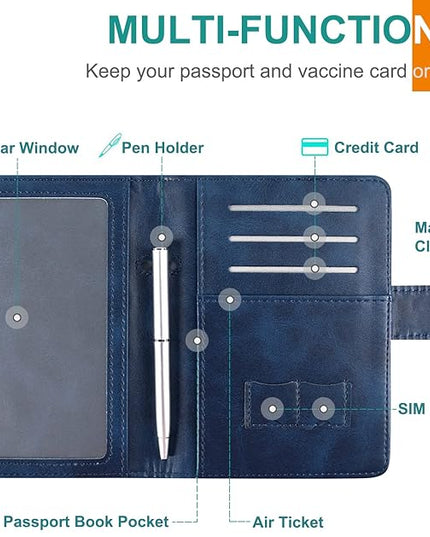 RSAquar Passport Holder for Women and Men, Premium PU Leather Travel Passport Wallet RFID Blocking Passport Cover Travel Documents Organizer with Pen Holder, Blue