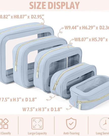 5PCS Clear Toiletry Bag,TSA Approved Travel Makeup Pouch with Zipper for Cosmetics and Toiletries，Diaper Bag Organizer Pouch Set，Women's Purse Organizer and Clear Car Bag