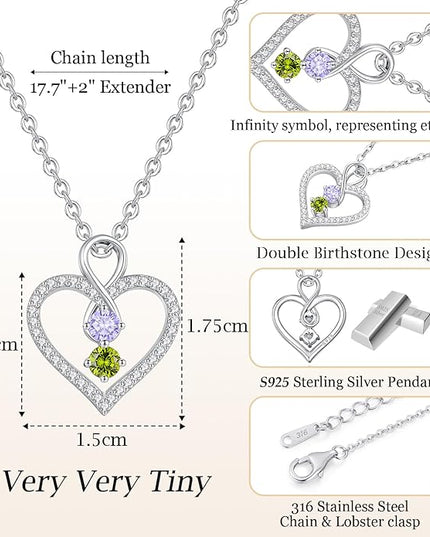 LOUISA SECRET Infinity Double Birthstone Necklace, 925 Sterling Silver Tiny Pendant Heart Necklace for Women Wife Her, Best Jewelry Gift Heart Jewelry Meaningful Gift for Valentine's Day, Christmas, Birthday Anniversary