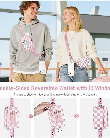Clip and Go Strap for Phone with Wallet Crossbody Phone Lanyard and Detachable Checkered Bag with ID Window and RFID Pouch for Daily Travel.