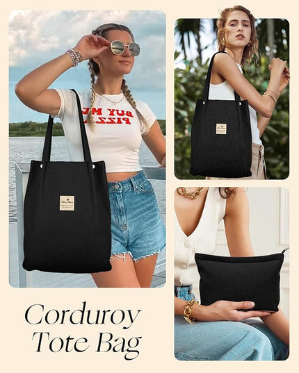 Aesthetic 2 Pack Corduroy Tote Bag - with Makeup Pouch Bag for Women Reusable Grocery Bag for Gym, Travel, Work