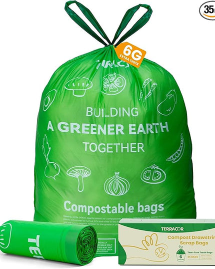 6 Gallon Compostable Trash Bags Drawstring, Heavy Duty Extra Thick 1 Mil, 35 Bags, Tall Kitchen Food Scrap Waste Bag, ASTM D6400