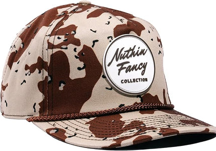 Nuthin Fancy CO Rambler Camo Snapback Hat, 6-Panel with Logo Patch, Pre-Curved Bill and Adjustable Plastic Snap, Desert