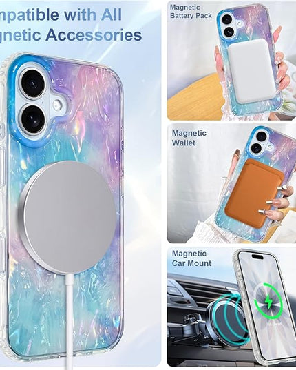 Cute Case for iPhone 17 Case for Women Girls [Compatible with Magsafe] with Translucent Pearl Pattern Design, Aesthetic Girly Magnetic Protective Phone Cover, Blue
