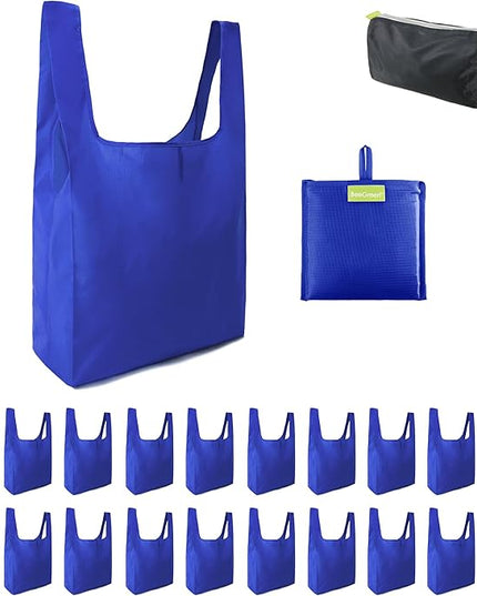 BeeGreen Blue Reusable Grocery Bags Wholesale Blue Reusable Kitchen Bags Bulk Foldable-Machine Washable with Zipper Storage Pouch 20 Packs
