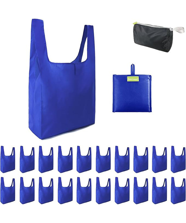 BeeGreen Blue Reusable Grocery Bags Wholesale Blue Reusable Kitchen Bags Bulk Foldable-Machine Washable with Zipper Storage Pouch 20 Packs
